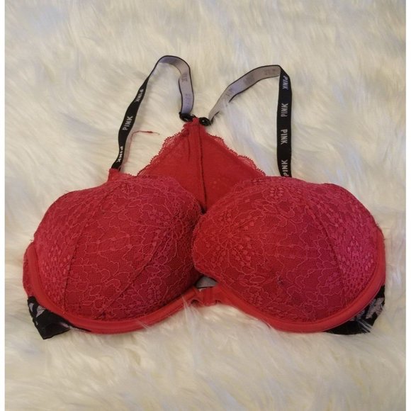 Victoria's Secret PINK VS Bra RacerBack Underwire Red Lace Sz 32DD - Picture 1 of 7